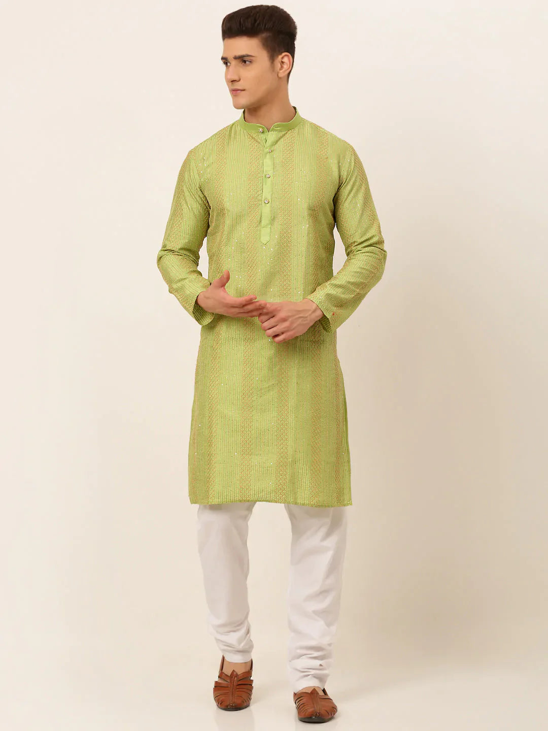 Jompers Men's Pista Green Embroiderd Kurta Pajama