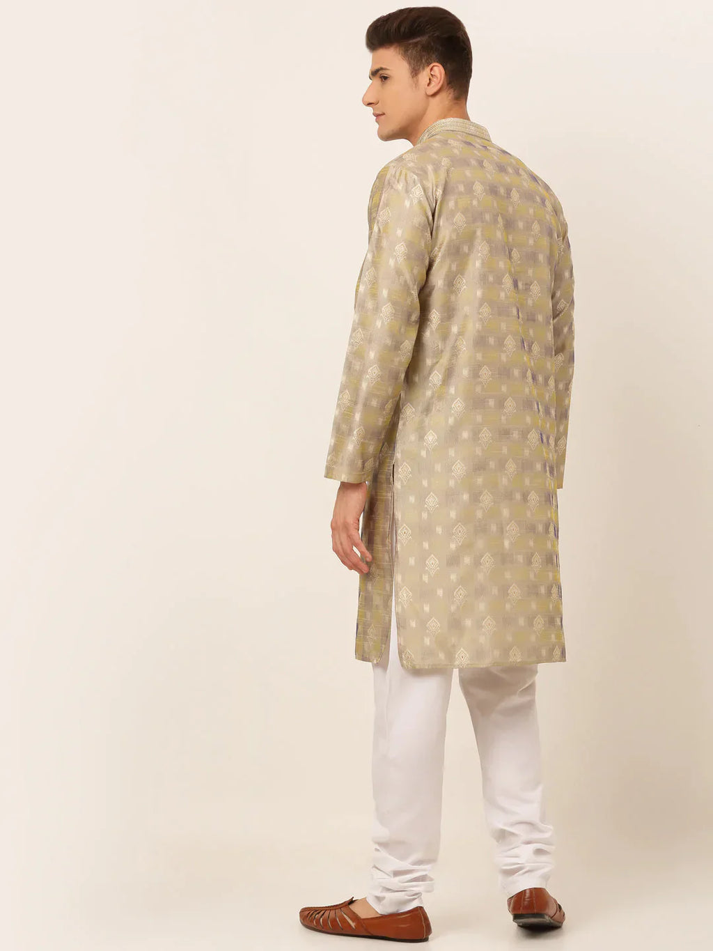 Jompers Men's Beige Collar Embroidered Woven Design Kurta Pajama
