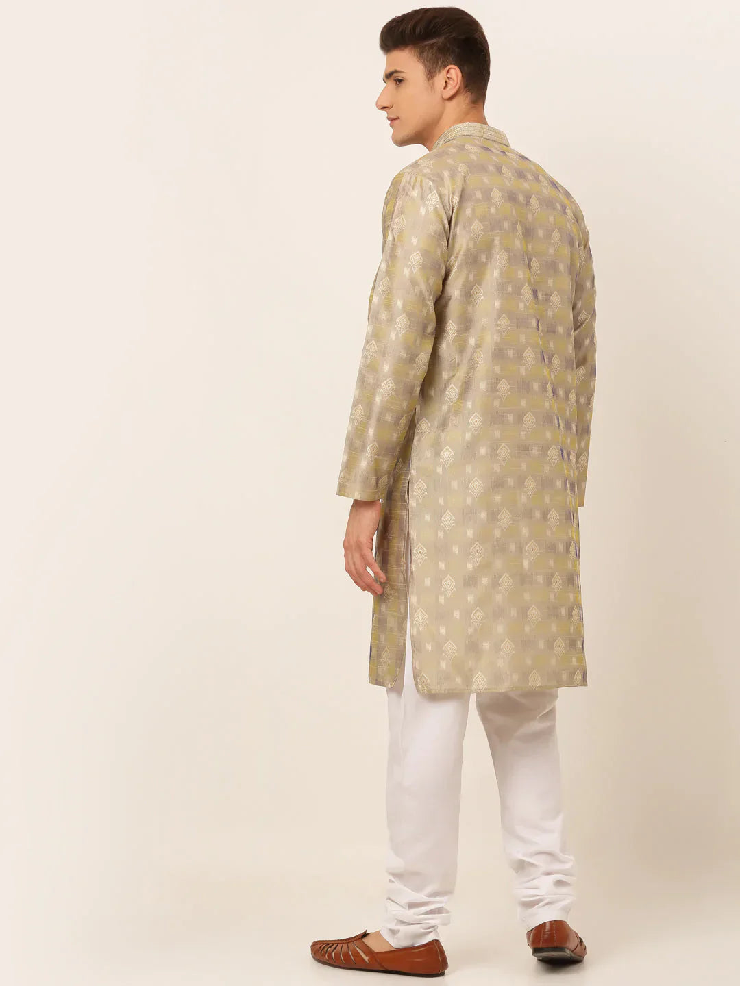 Jompers Men's Beige Collar Embroidered Woven Design Kurta Pajama