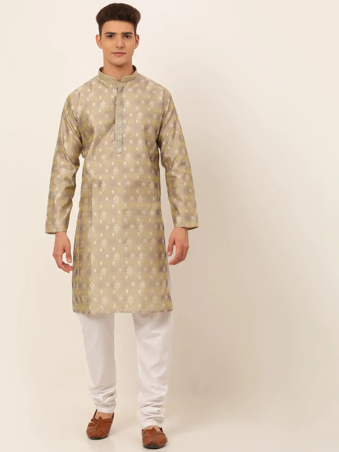 Jompers Men's Beige Collar Embroidered Woven Design Kurta Pajama