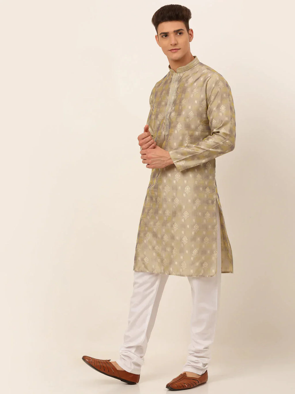 Jompers Men's Beige Collar Embroidered Woven Design Kurta Pajama