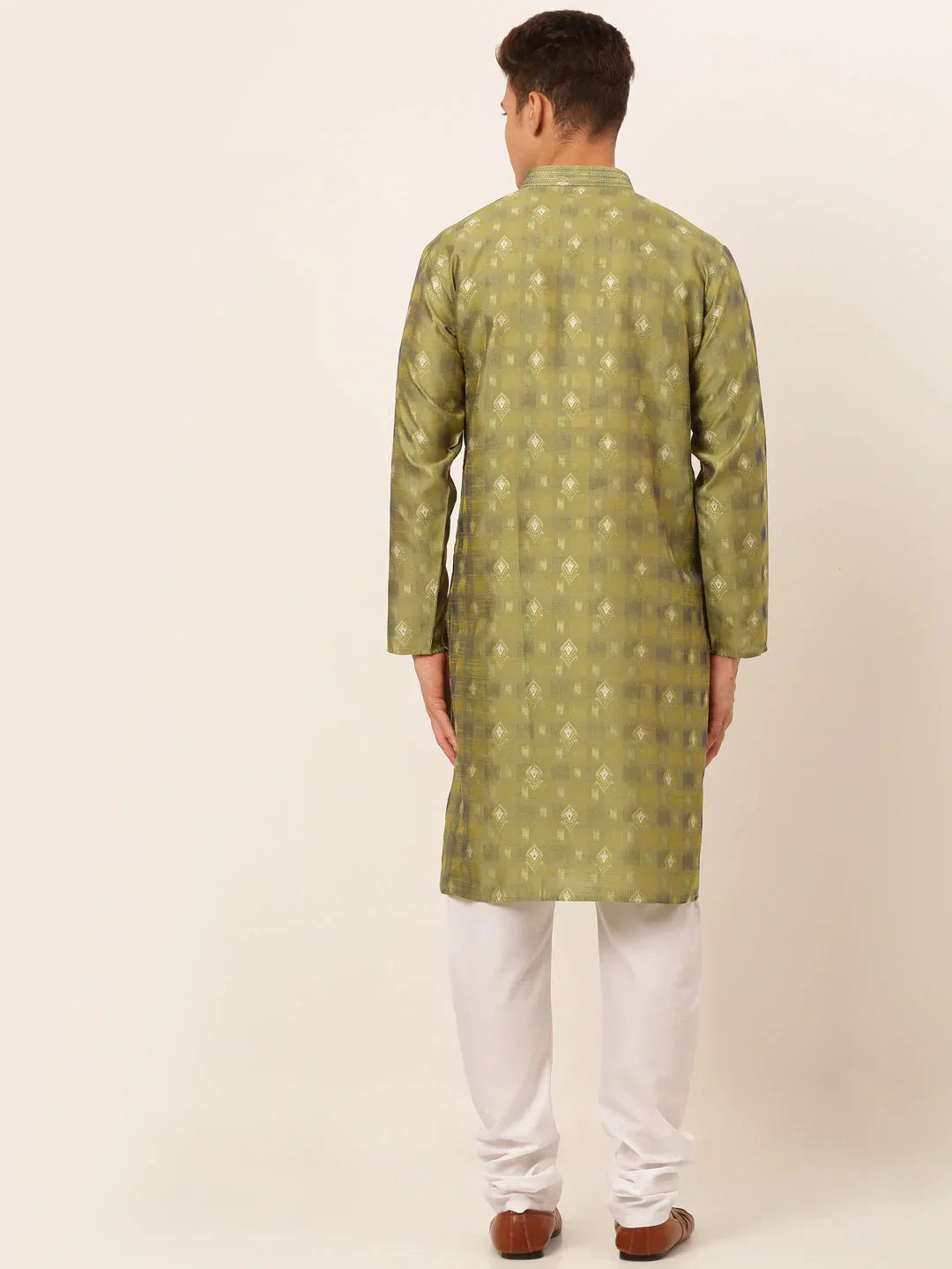 Jompers Men's Green Collar Embroidered Woven Design Kurta Pajama