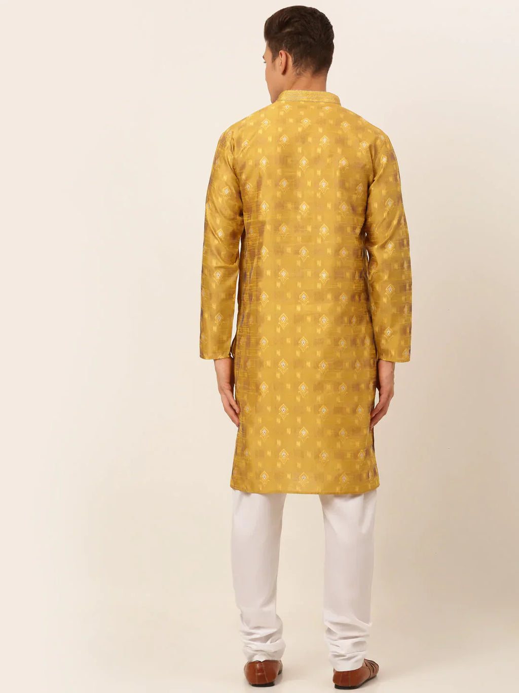 Jompers Men's Mustard Collar Embroidered Woven Design Kurta Pajama