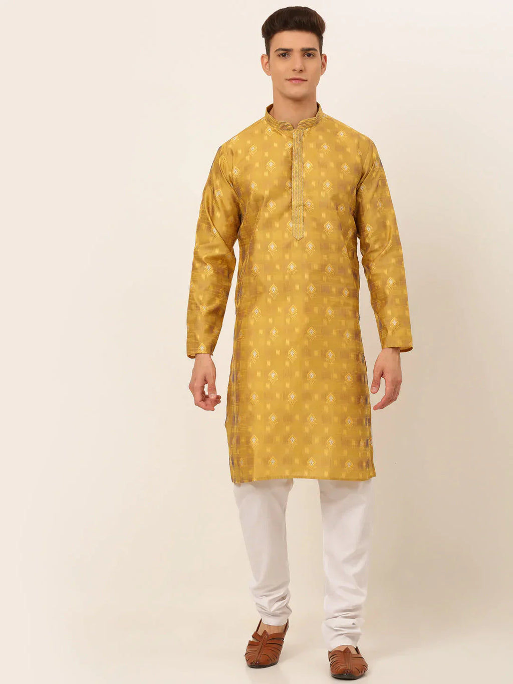 Jompers Men's Mustard Collar Embroidered Woven Design Kurta Pajama