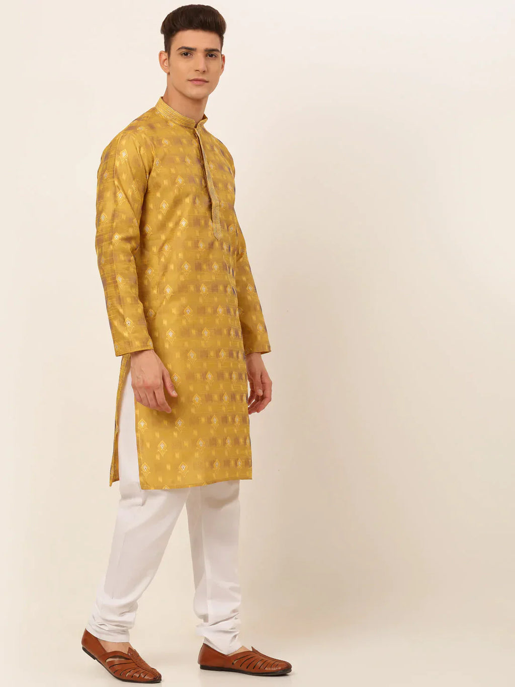 Jompers Men's Mustard Collar Embroidered Woven Design Kurta Pajama