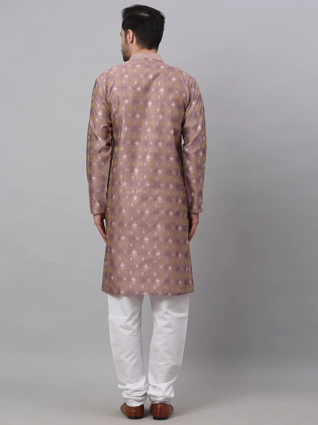 Jompers Men's Pink Collar Embroidered Woven Design Kurta Pajama