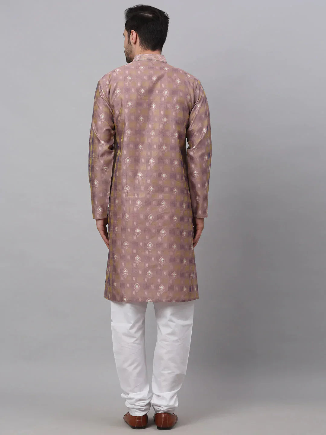 Jompers Men's Pink Collar Embroidered Woven Design Kurta Pajama