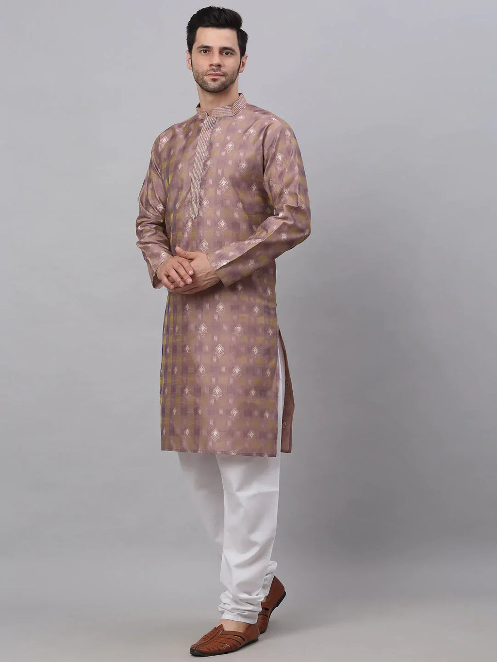 Jompers Men's Pink Collar Embroidered Woven Design Kurta Pajama