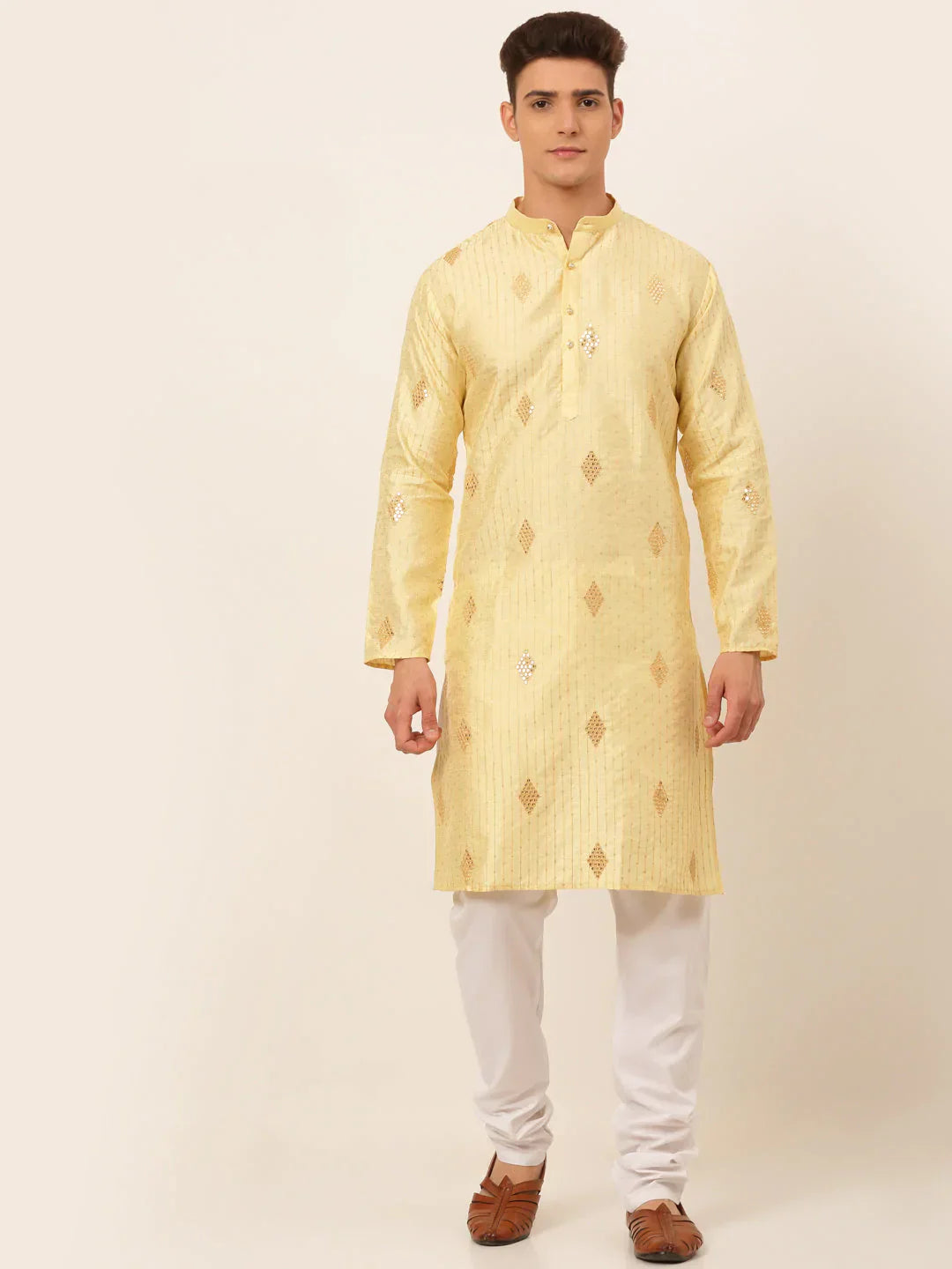 Jompers Men's Golden Embroidered Sequinned Kurta with Churidar