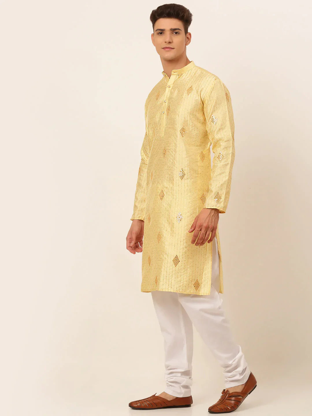 Jompers Men's Golden Embroidered Sequinned Kurta with Churidar