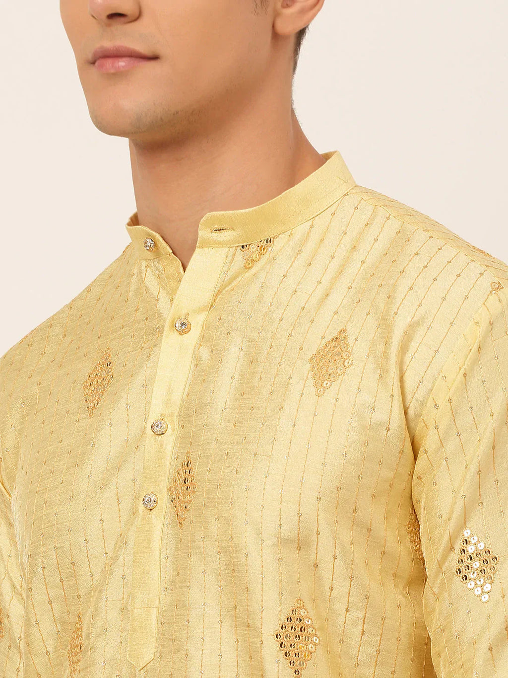 Jompers Men's Golden Embroidered Sequinned Kurta with Churidar