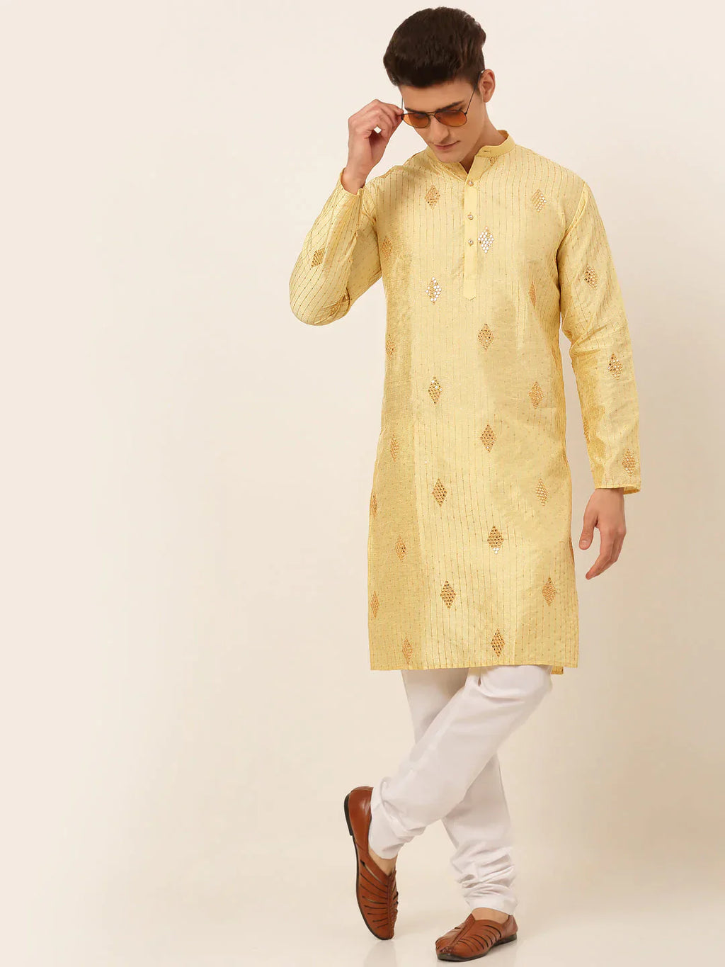 Jompers Men's Golden Embroidered Sequinned Kurta with Churidar