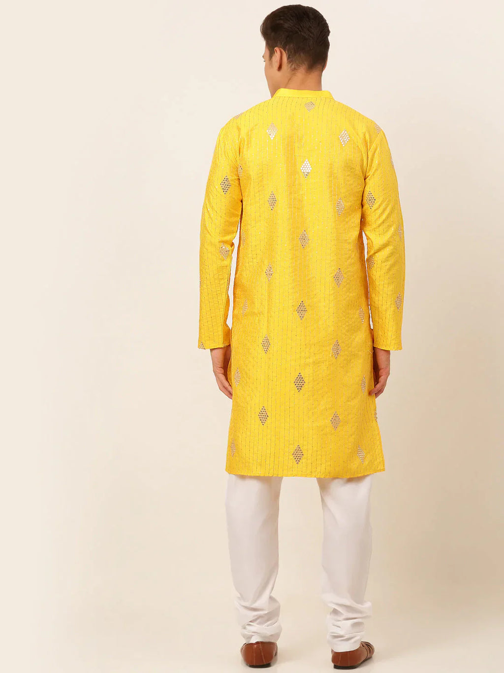 Jompers Men's Mustard Yellow Embroidered Sequinned Kurta with Churidar