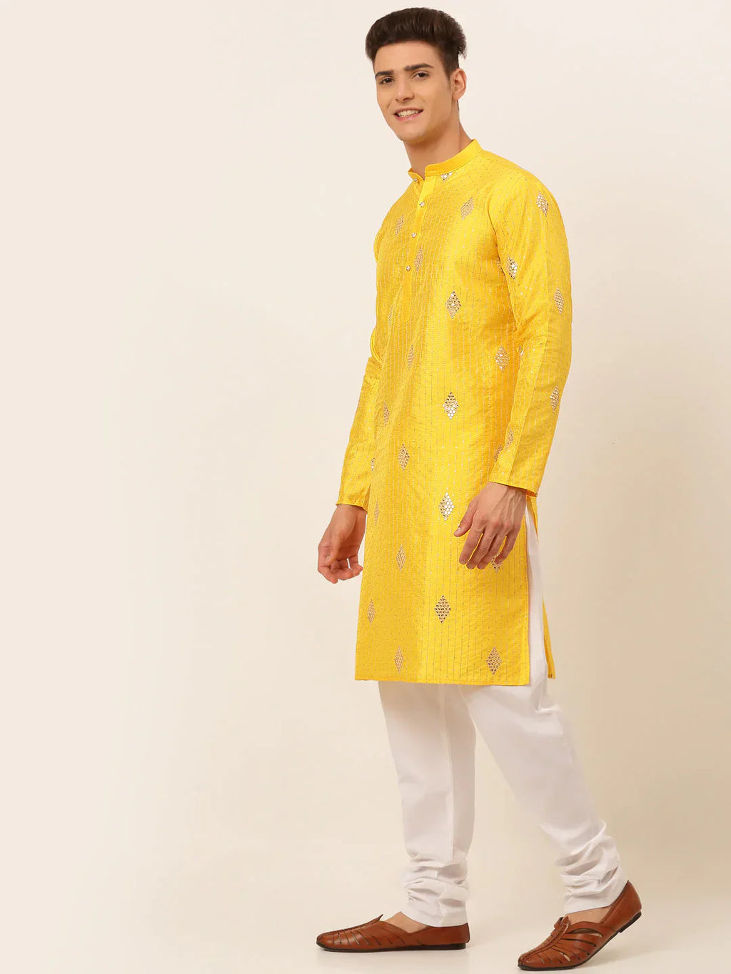 Jompers Men's Mustard Yellow Embroidered Sequinned Kurta with Churidar