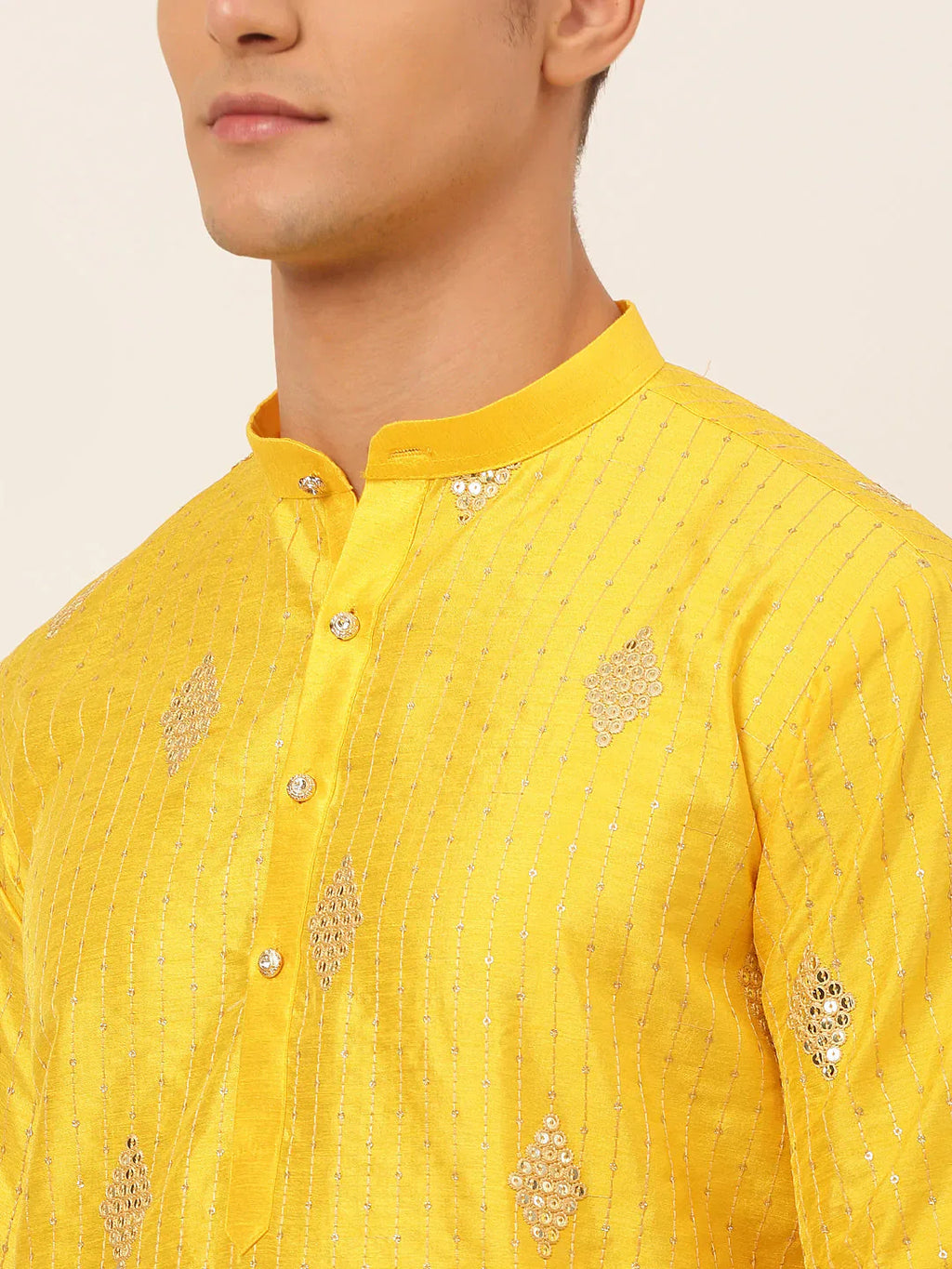 Jompers Men's Mustard Yellow Embroidered Sequinned Kurta with Churidar
