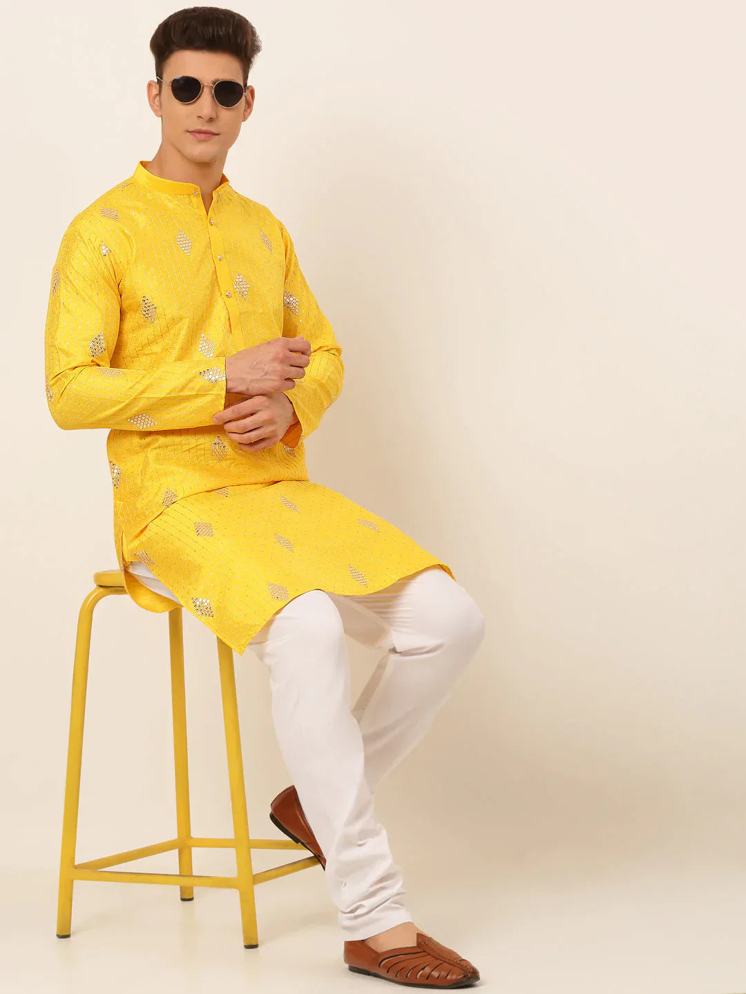Jompers Men's Mustard Yellow Embroidered Sequinned Kurta with Churidar