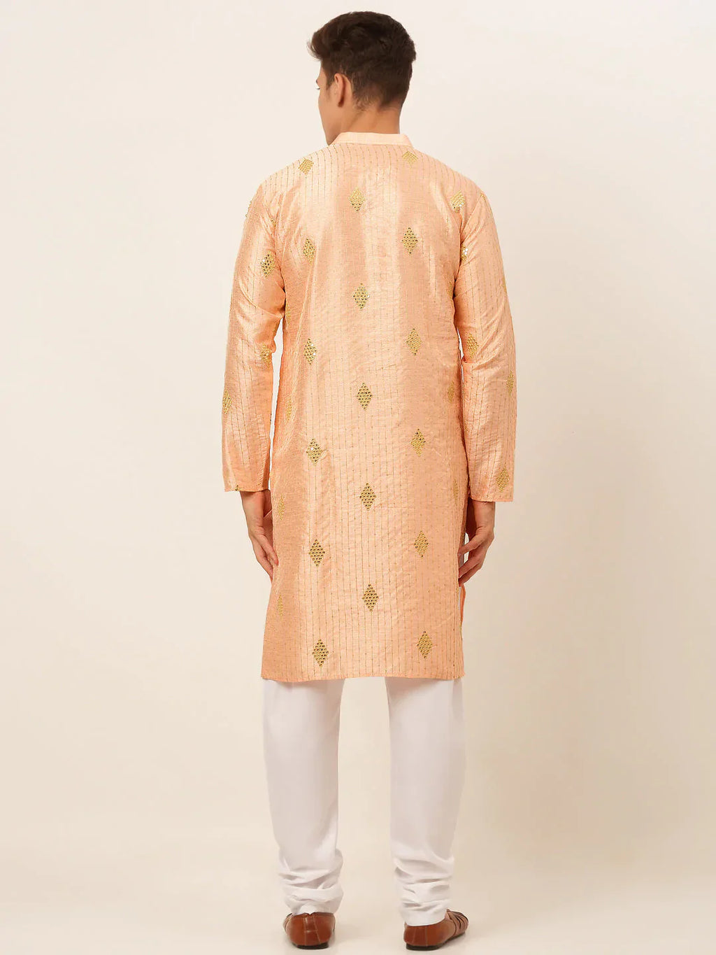 Jompers Men's Peach Embroidered Sequinned Kurta with Churidar