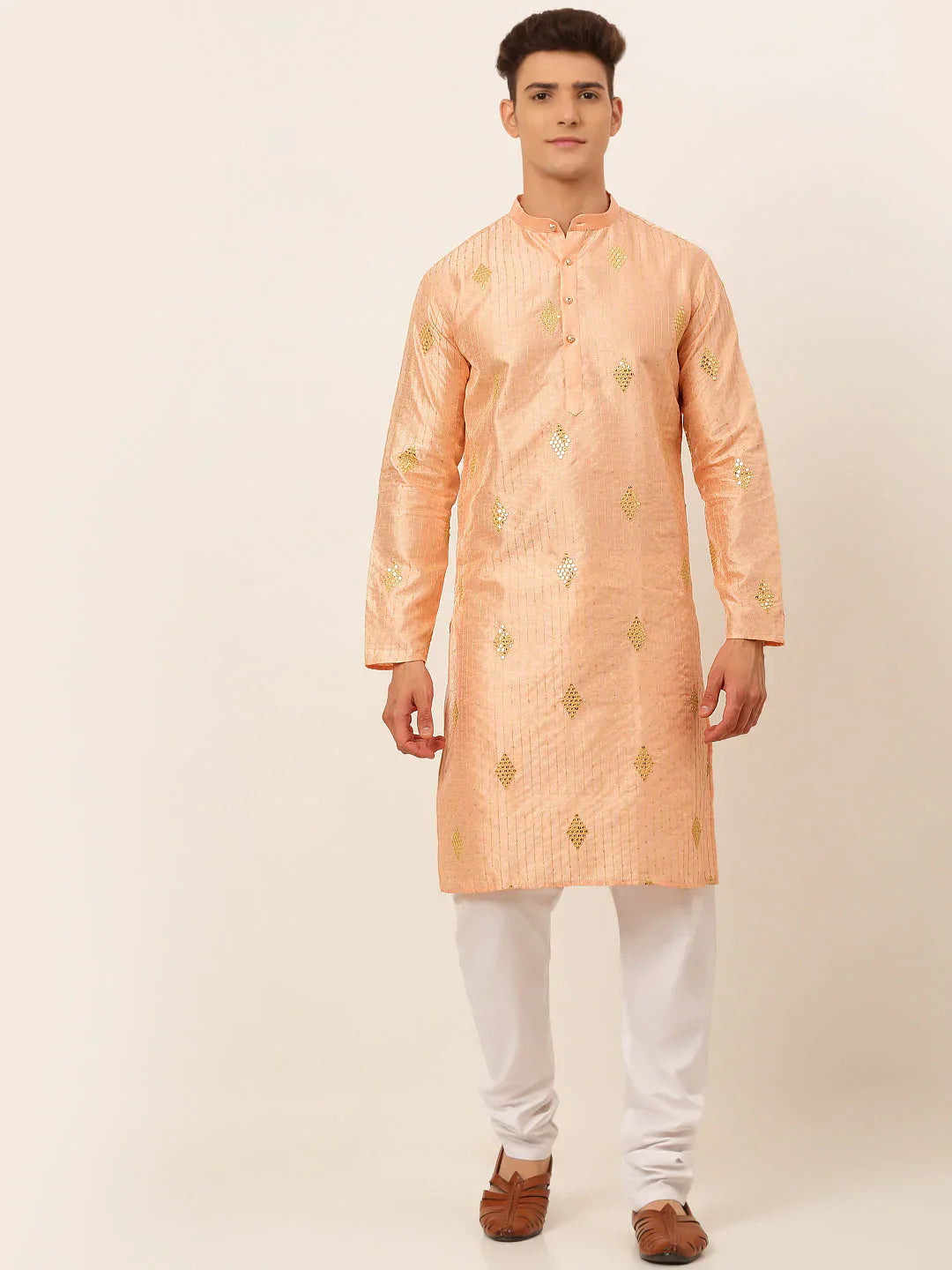 Jompers Men's Peach Embroidered Sequinned Kurta with Churidar
