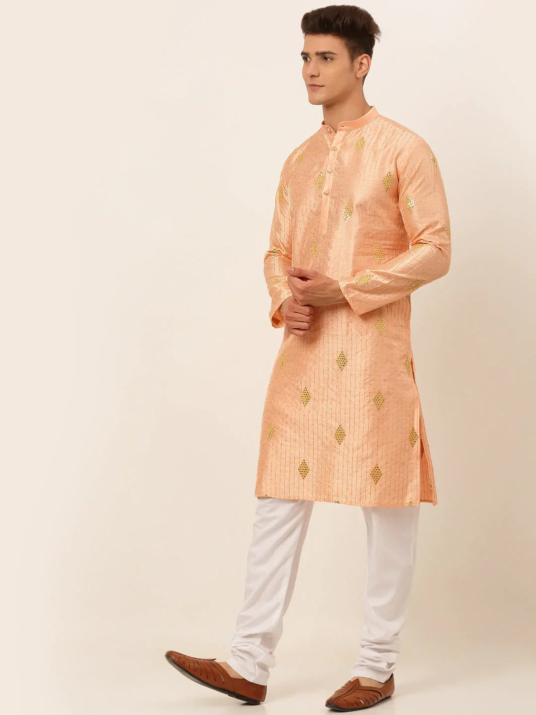Jompers Men's Peach Embroidered Sequinned Kurta with Churidar
