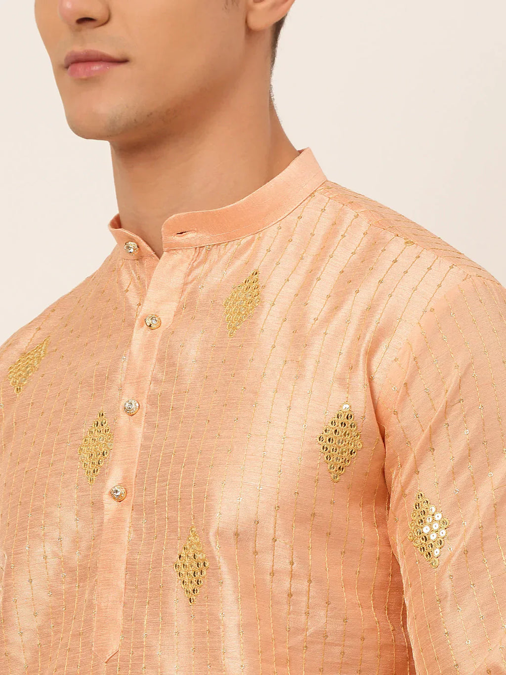 Jompers Men's Peach Embroidered Sequinned Kurta with Churidar