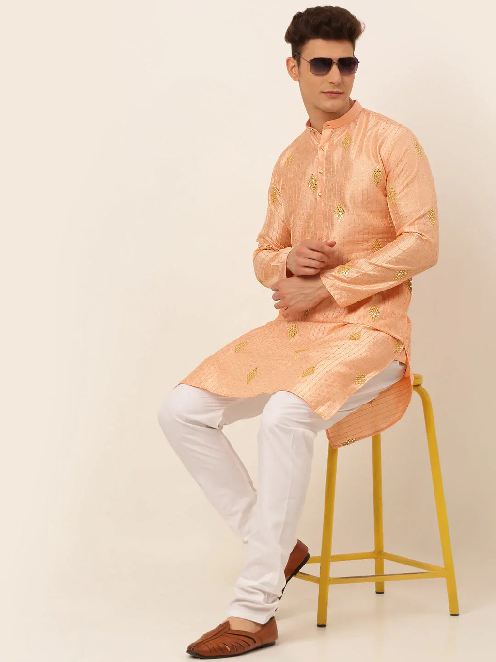 Jompers Men's Peach Embroidered Sequinned Kurta with Churidar