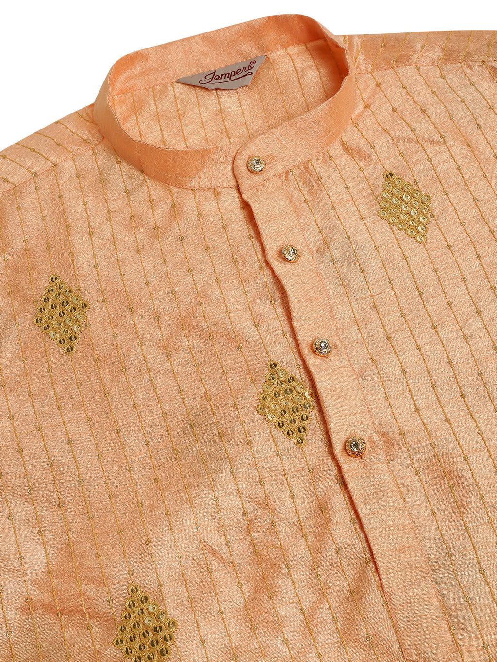 Jompers Men's Peach Embroidered Sequinned Kurta with Churidar