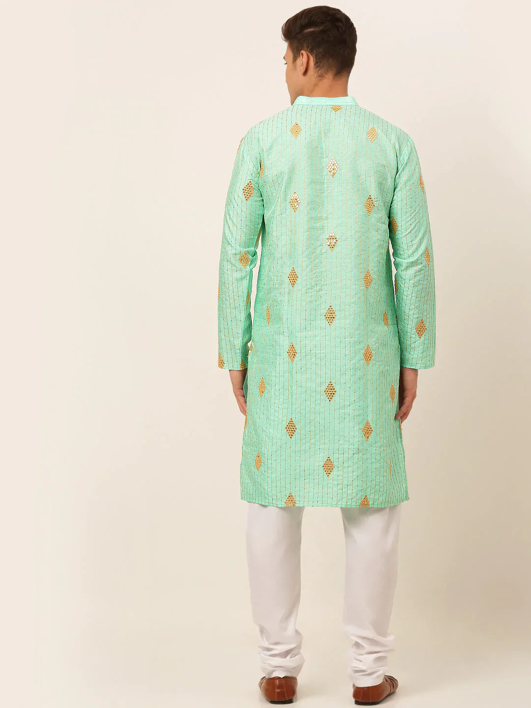 Jompers Men's Sky Blue Embroidered Sequinned Kurta with Churidar