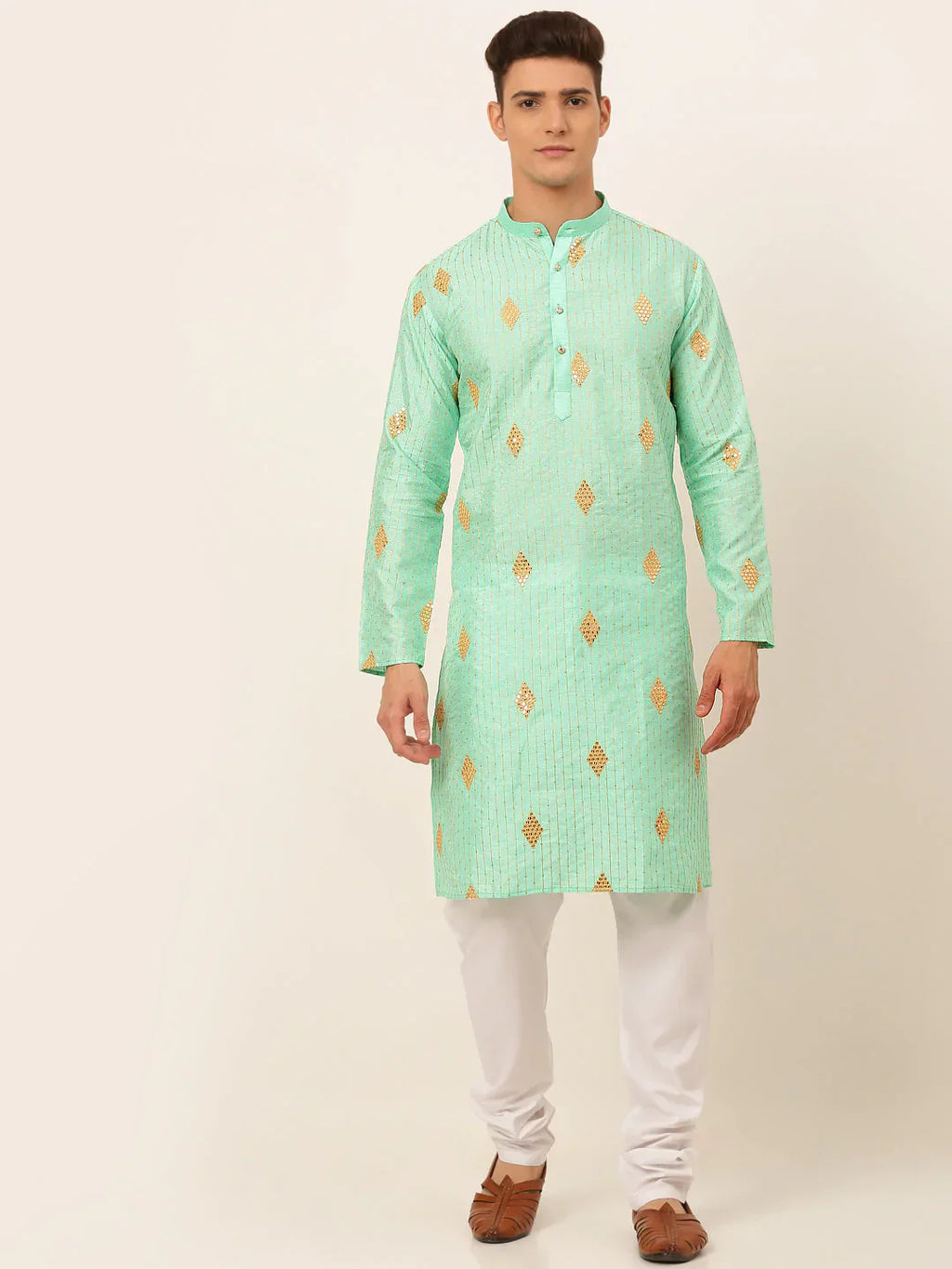 Jompers Men's Sky Blue Embroidered Sequinned Kurta with Churidar