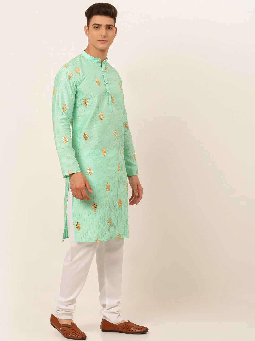 Jompers Men's Sky Blue Embroidered Sequinned Kurta with Churidar