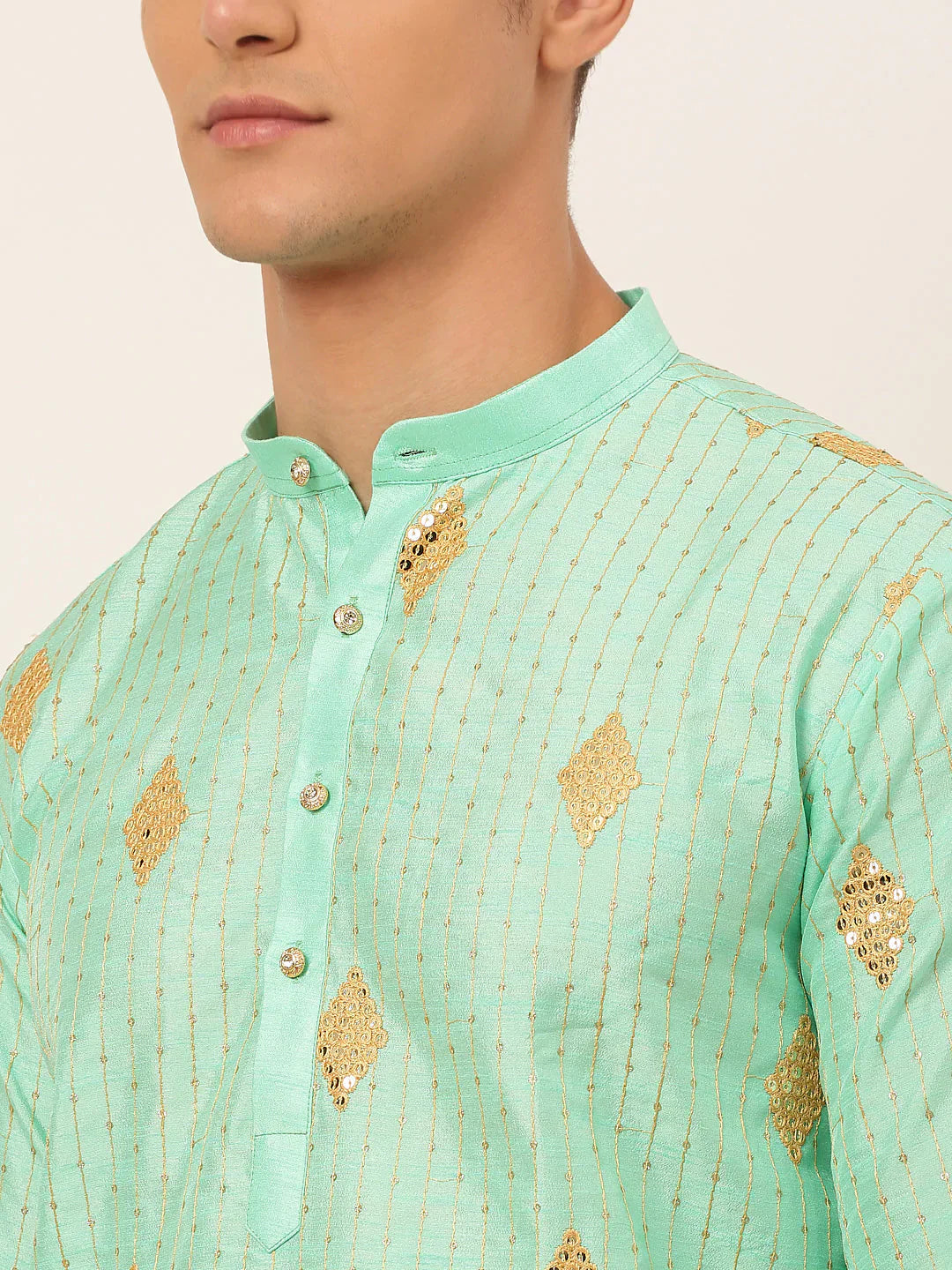 Jompers Men's Sky Blue Embroidered Sequinned Kurta with Churidar