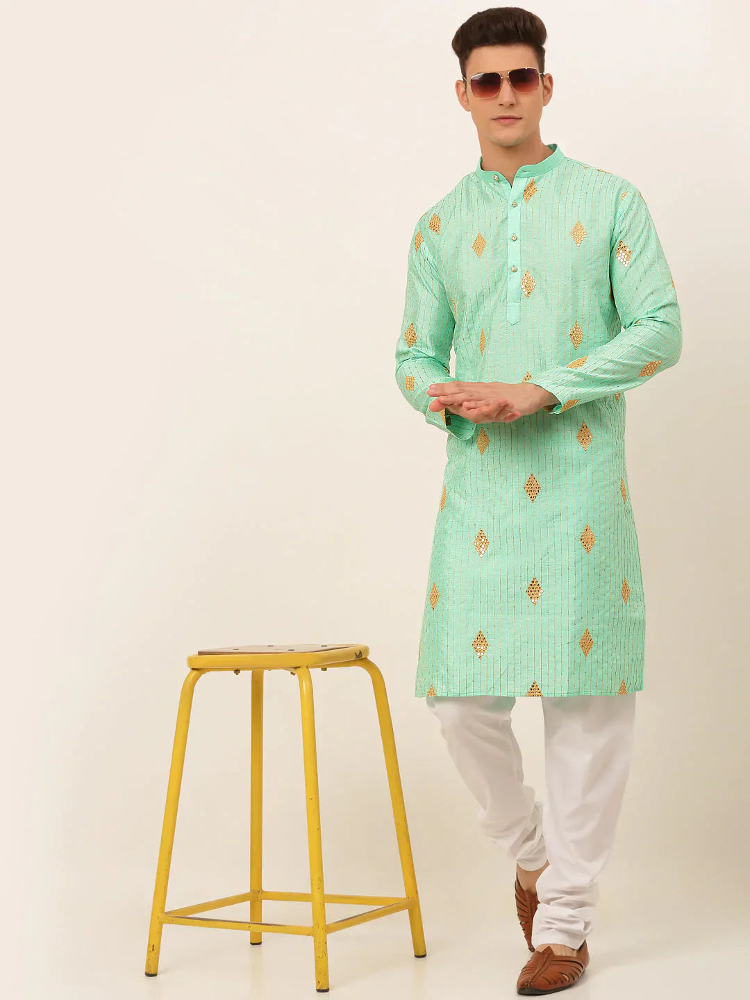 Jompers Men's Sky Blue Embroidered Sequinned Kurta with Churidar