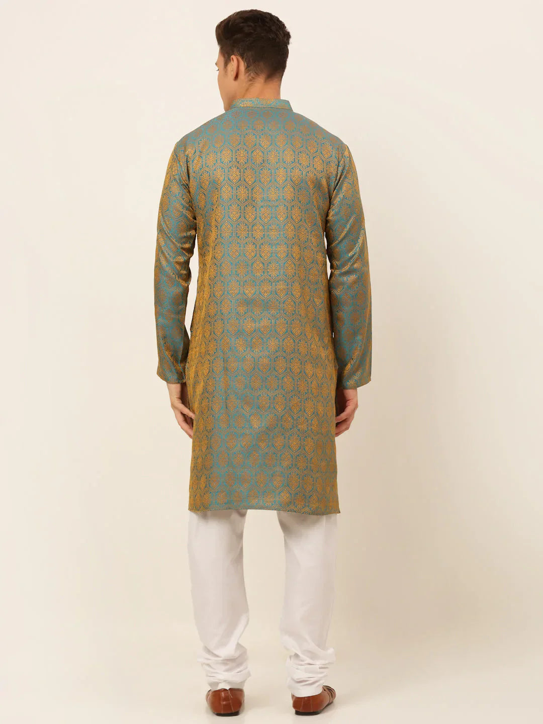 Jompers Men's Blue and Golden Woven Design Kurta Pajama