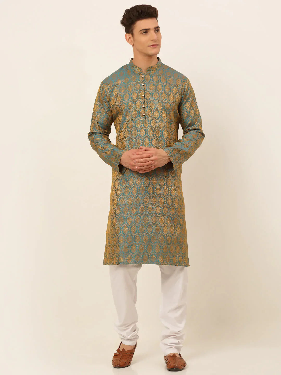 Jompers Men's Blue and Golden Woven Design Kurta Pajama