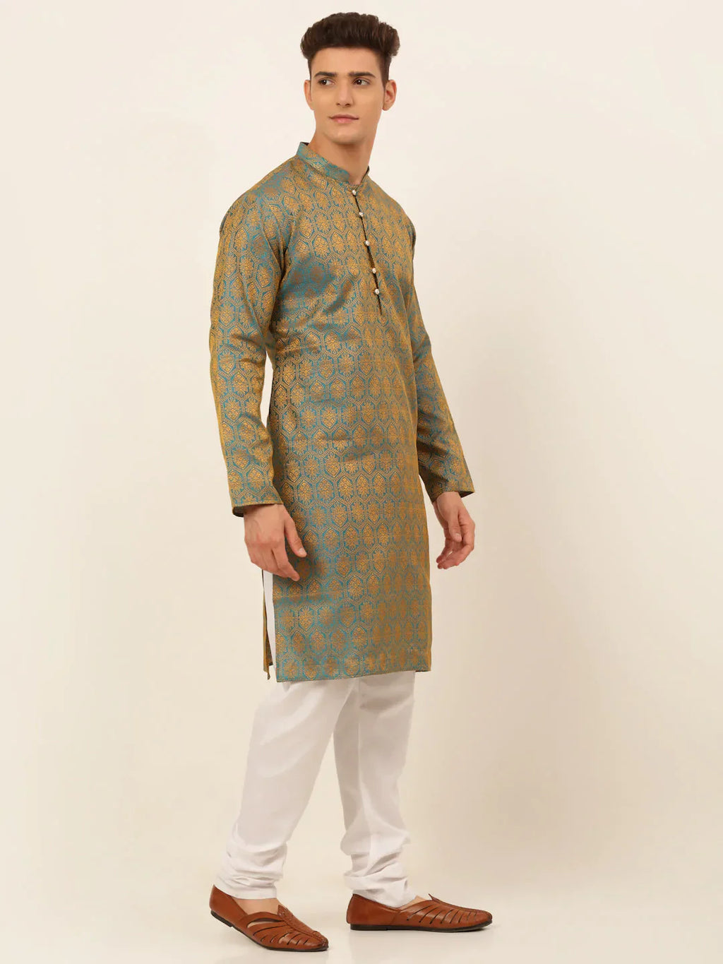 Jompers Men's Blue and Golden Woven Design Kurta Pajama