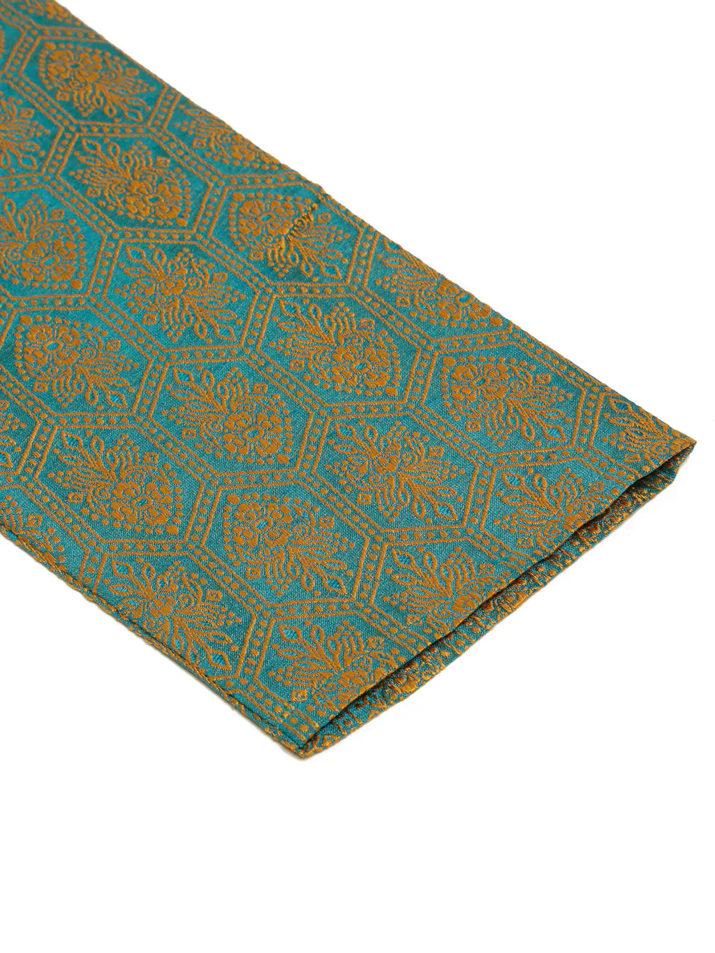 Jompers Men's Blue and Golden Woven Design Kurta Pajama