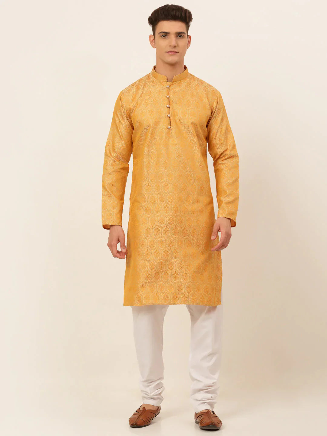Jompers Men's Silver and Golden Woven Design Kurta Pajama