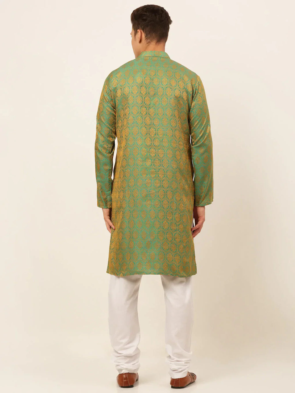 Jompers Men's Green and Golden Woven Design Kurta Pajama