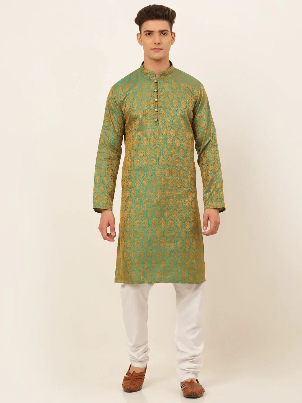 Jompers Men's Green and Golden Woven Design Kurta Pajama