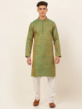 Jompers Men's Green and Golden Woven Design Kurta Pajama