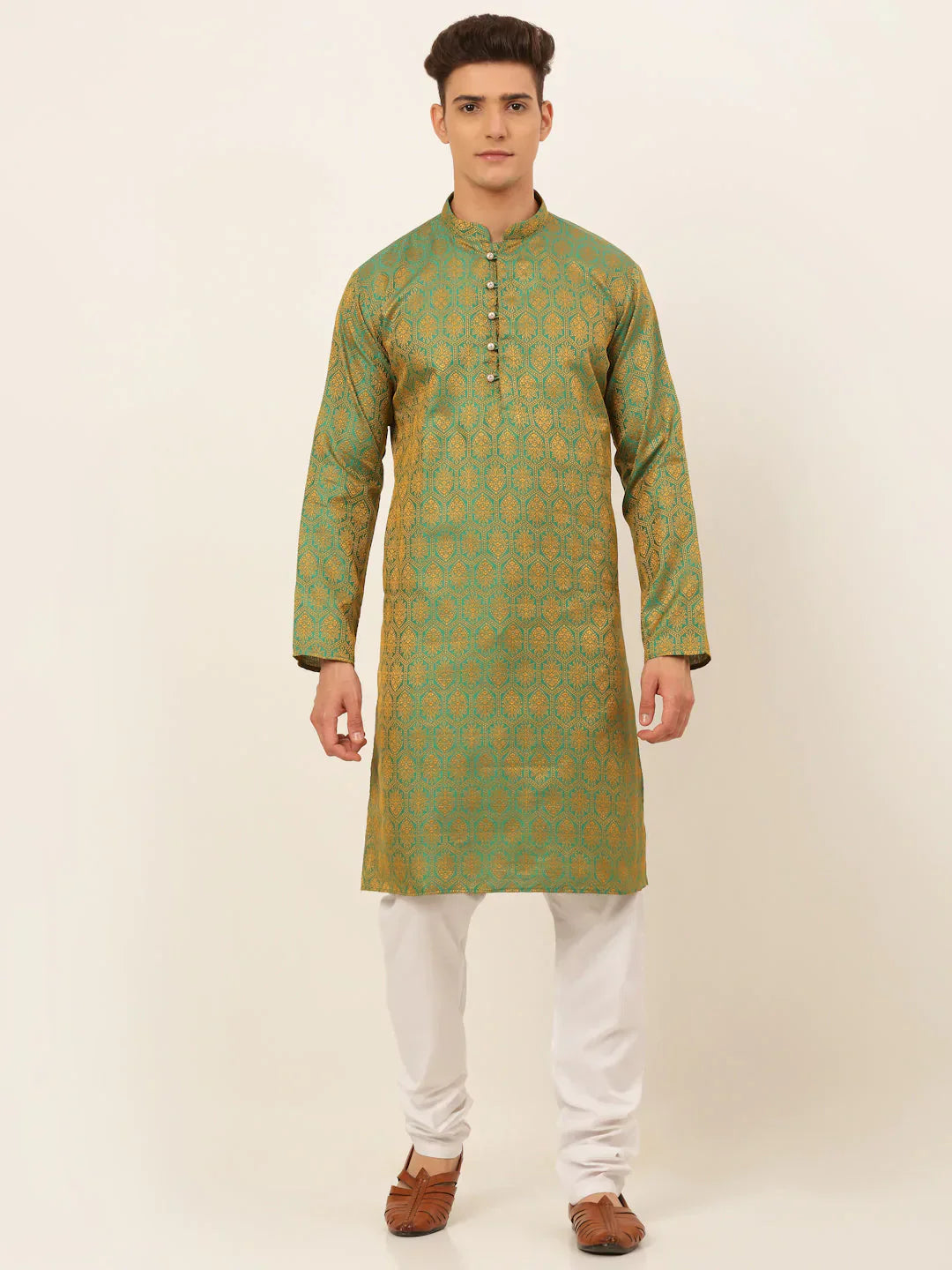 Jompers Men's Green and Golden Woven Design Kurta Pajama