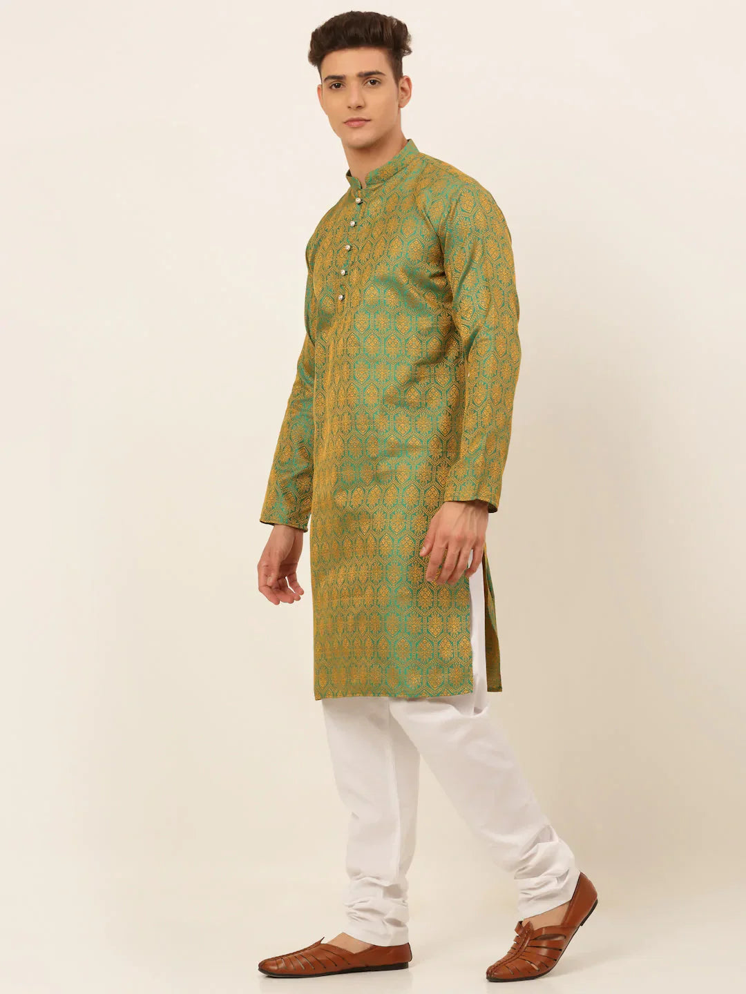 Jompers Men's Green and Golden Woven Design Kurta Pajama