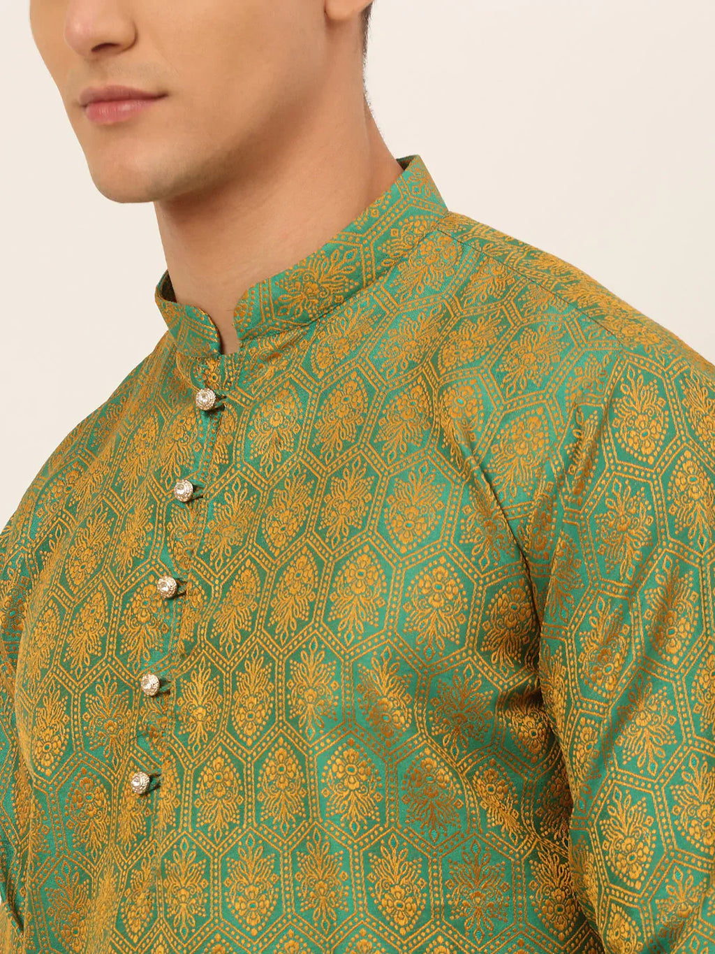 Jompers Men's Green and Golden Woven Design Kurta Pajama