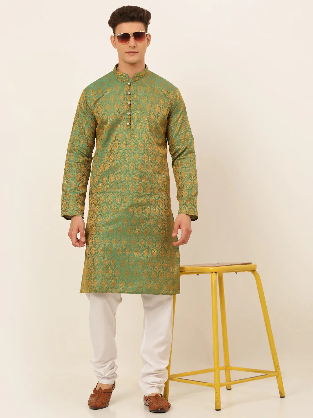 Jompers Men's Green and Golden Woven Design Kurta Pajama