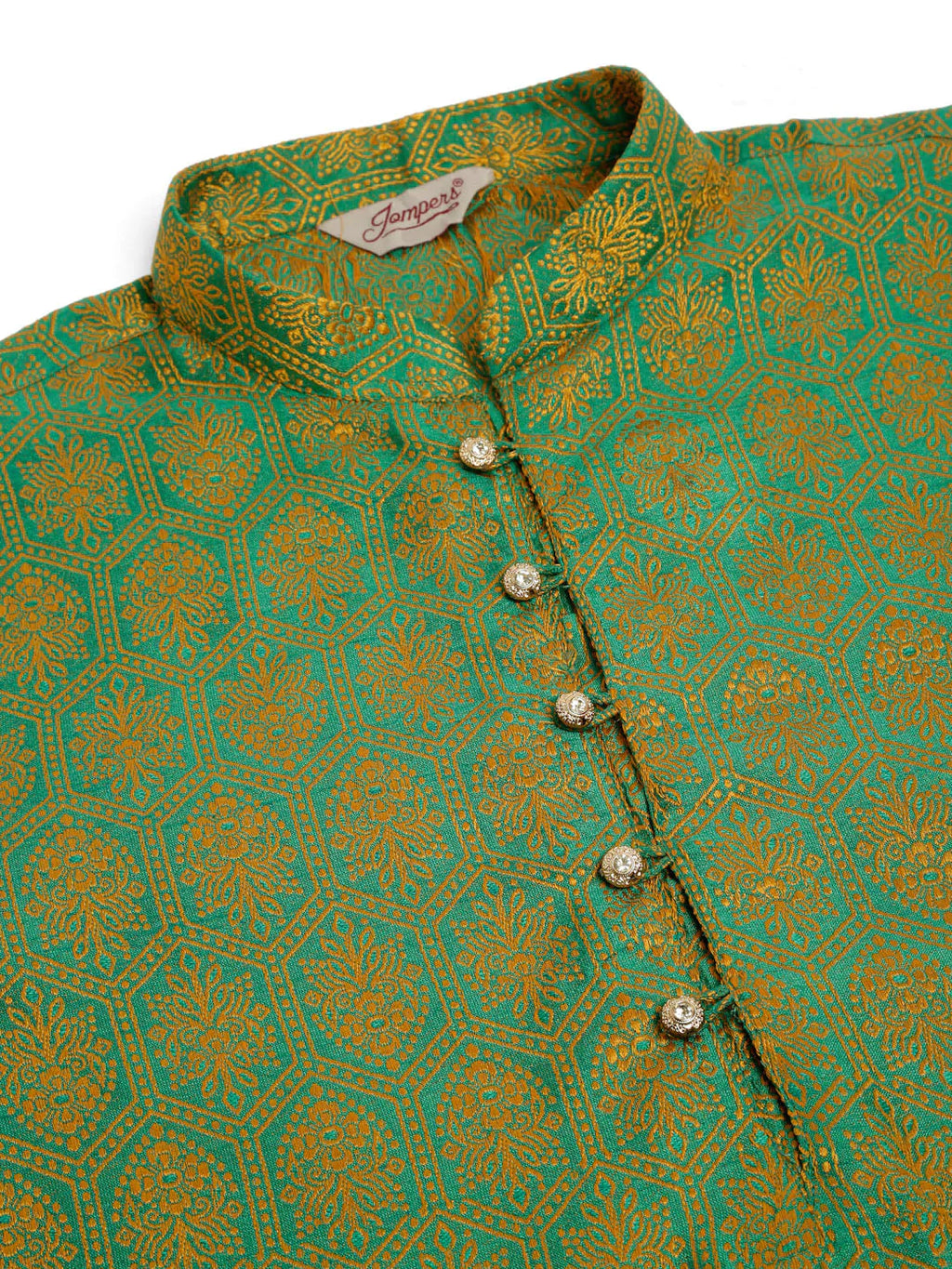 Jompers Men's Green and Golden Woven Design Kurta Pajama