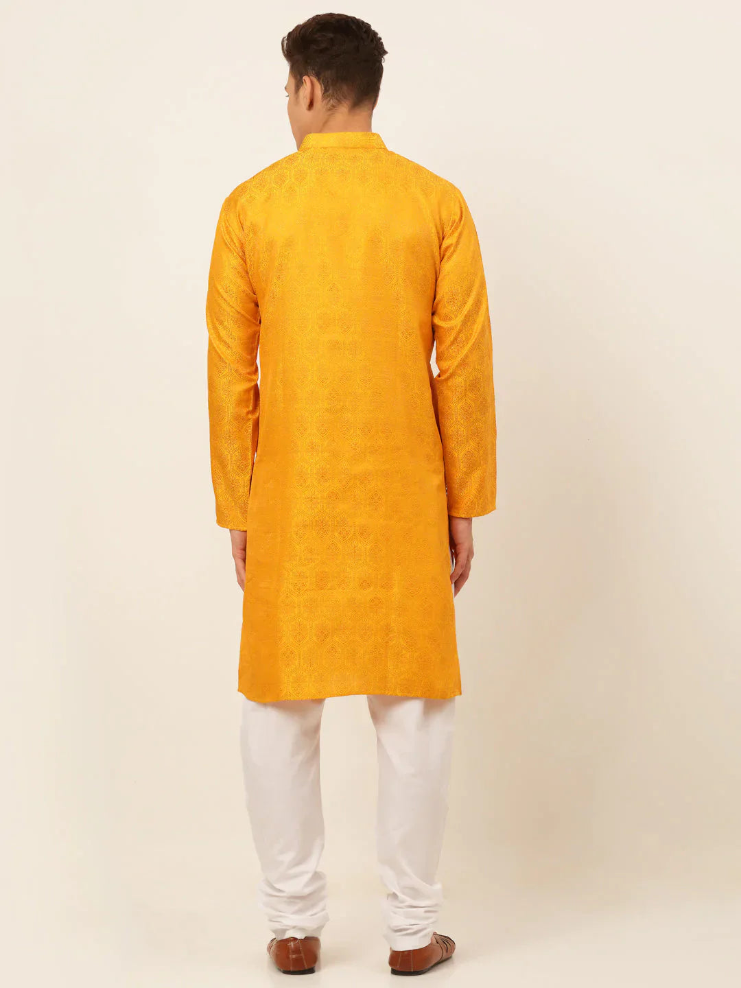 Jompers Men's Mustard and Golden Woven Design Kurta Pajama