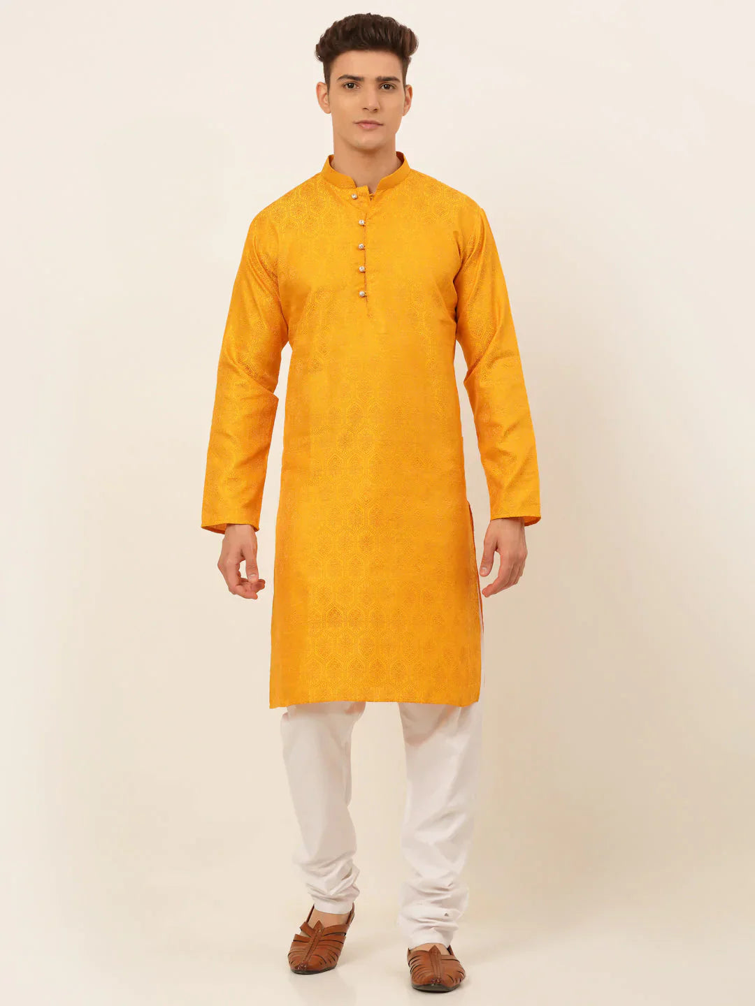 Jompers Men's Mustard and Golden Woven Design Kurta Pajama