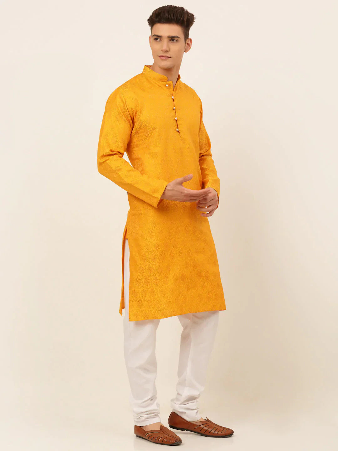 Jompers Men's Mustard and Golden Woven Design Kurta Pajama