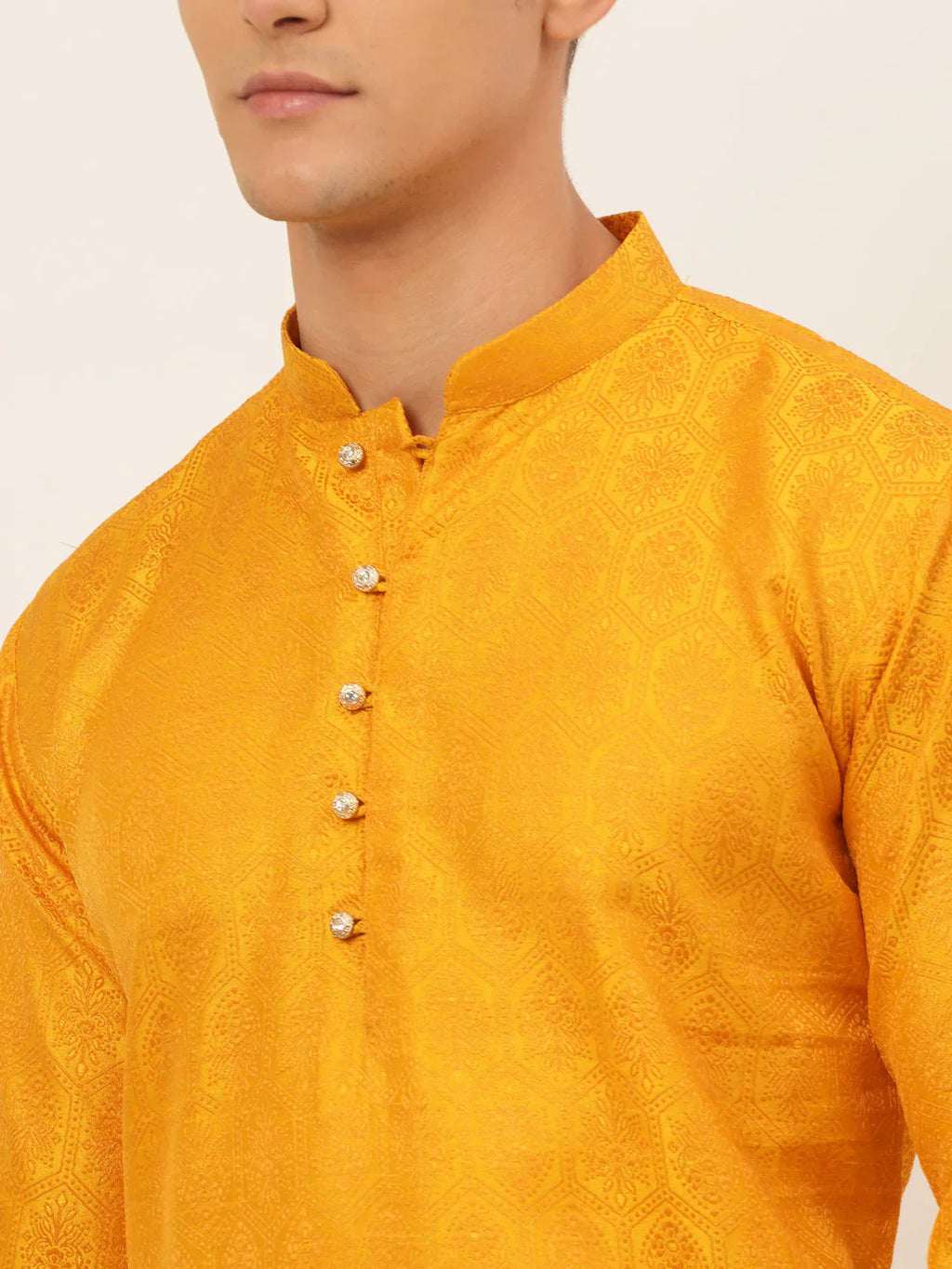 Jompers Men's Mustard and Golden Woven Design Kurta Pajama