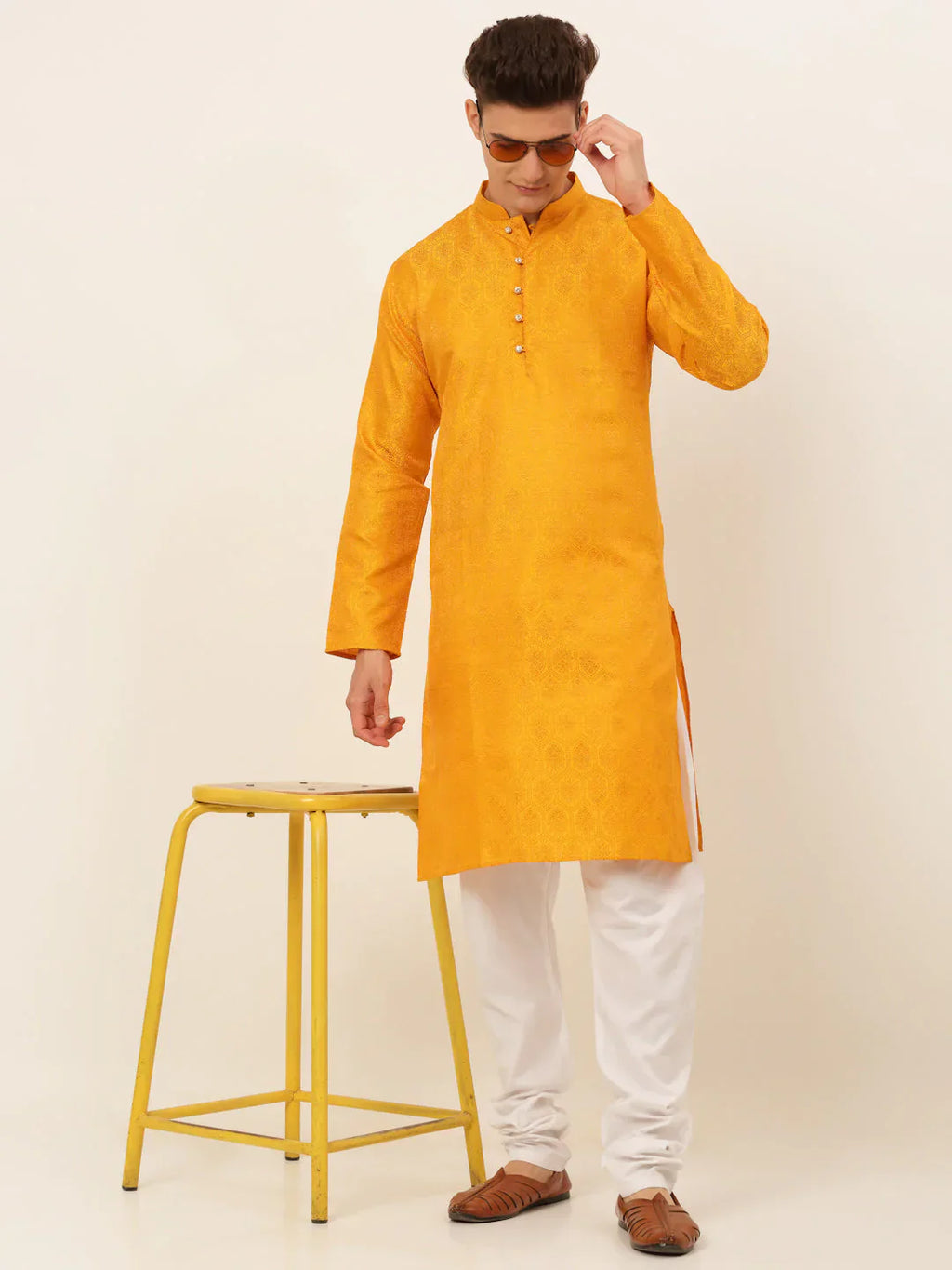 Jompers Men's Mustard and Golden Woven Design Kurta Pajama