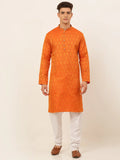 Jompers Men's Orange and Golden Woven Design Kurta Pajama